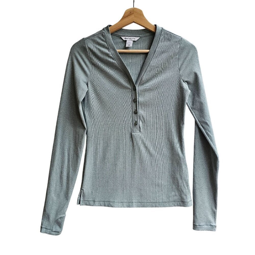 Athleta Gray Ribbed Long Sleeve Henley Top Button Front Cotton Stretch XXS